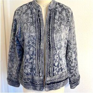 Coldwater Creek Blue Jacquard BrocadeTapestry Open Front Jacket Size L‎